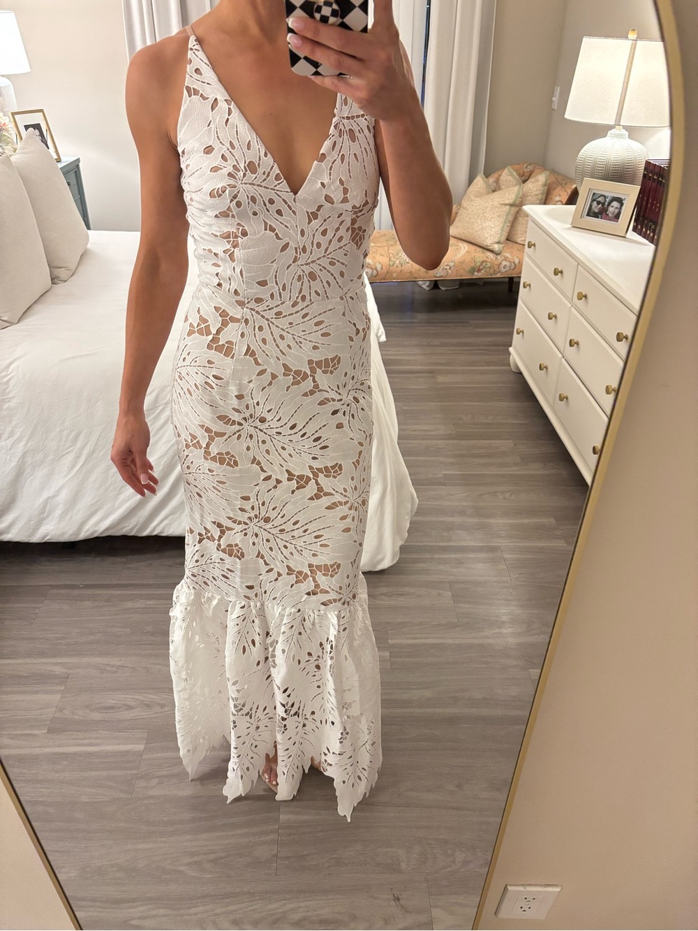 🤍 NWOT Dress The Population White Lace Cutout Mermaid Maxi Dress